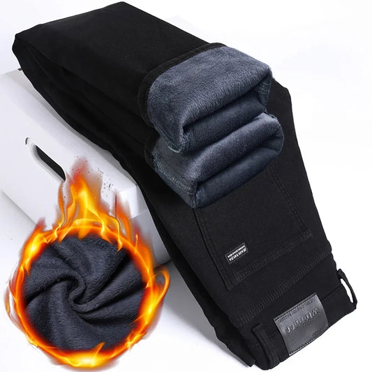 WTHINLEE Winter Men Black Straight Stretch Denim Thick Velvet Pants
