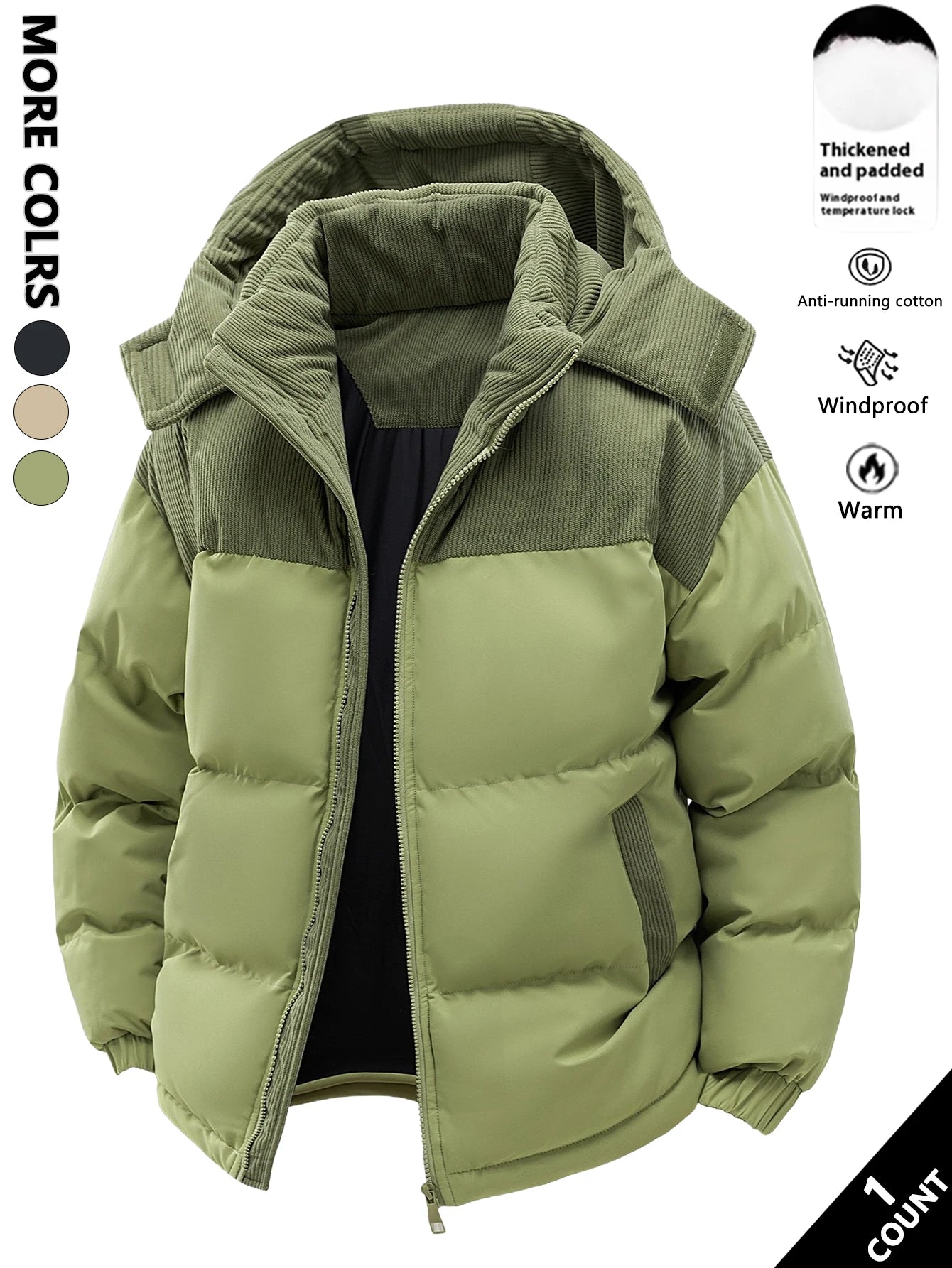 Men's Hooded Cotton Jacket, Thickeneded and Warm in Winter, Windproof