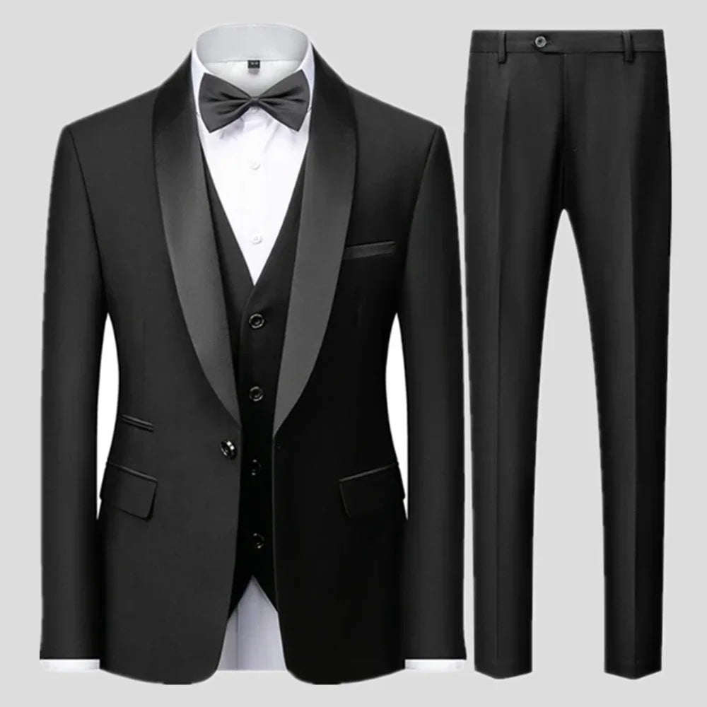 Black Men Autumn Wedding Party Three Pieces Set Large Size Male Blazer