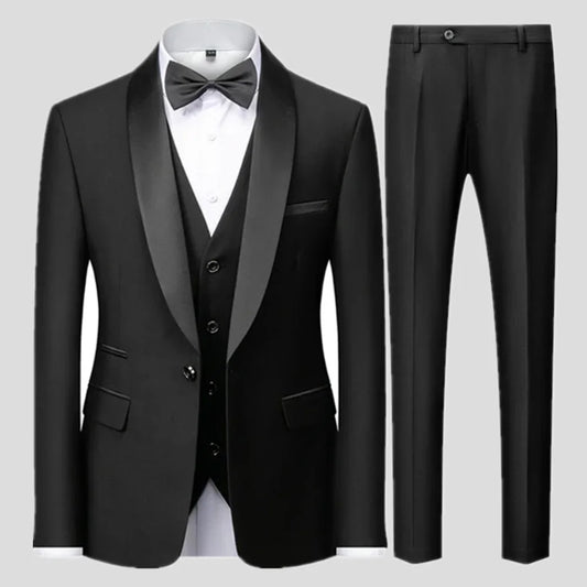 Black Men Autumn Wedding Party Three Pieces Set Large Size Male Blazer