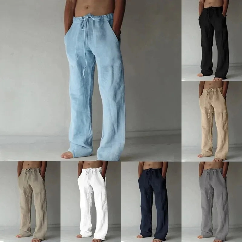 Men's Cotton Linen Long Pants Summer Solid Color Breathable Linen