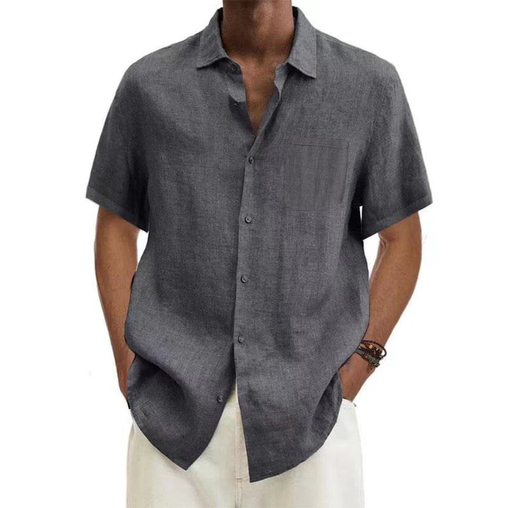 men Cotton Linen Hot Sale Men's Short-Sleeved Shirts Summer Solid
