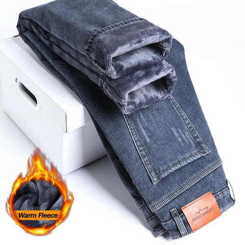 2025 Winter Fleece Jeans Men's Fashion Elastic Slim Straight Warm
