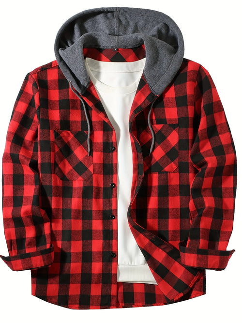 Youth Fashion Street Hooded Plaid Shirt Men's Slim Fit Long Sleeved