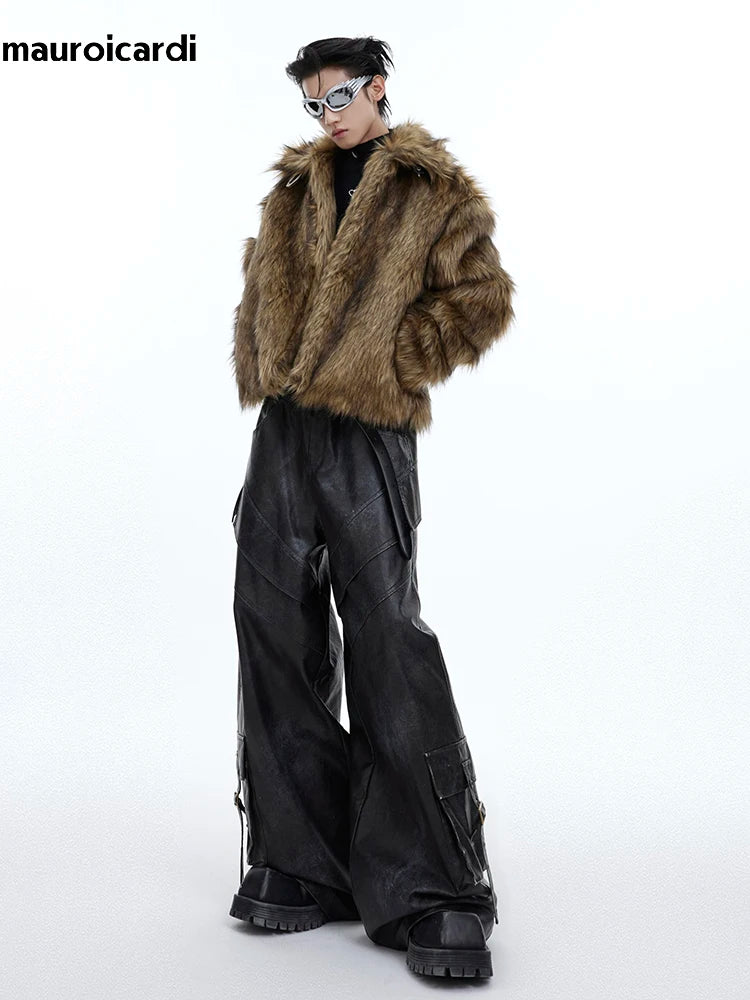 Mauroicardi Winter Short Thick Warm Brown Hairy Soft Faux Fur Coat Men