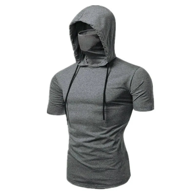 Mens Gym Thin Hoodie Short Sleeve Hoodies With Mask Sweatshirt Casual
