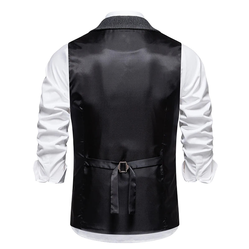 Men's Retro Lapel Chain Vest Fashion Herringbone Coarse Tweed Pockets