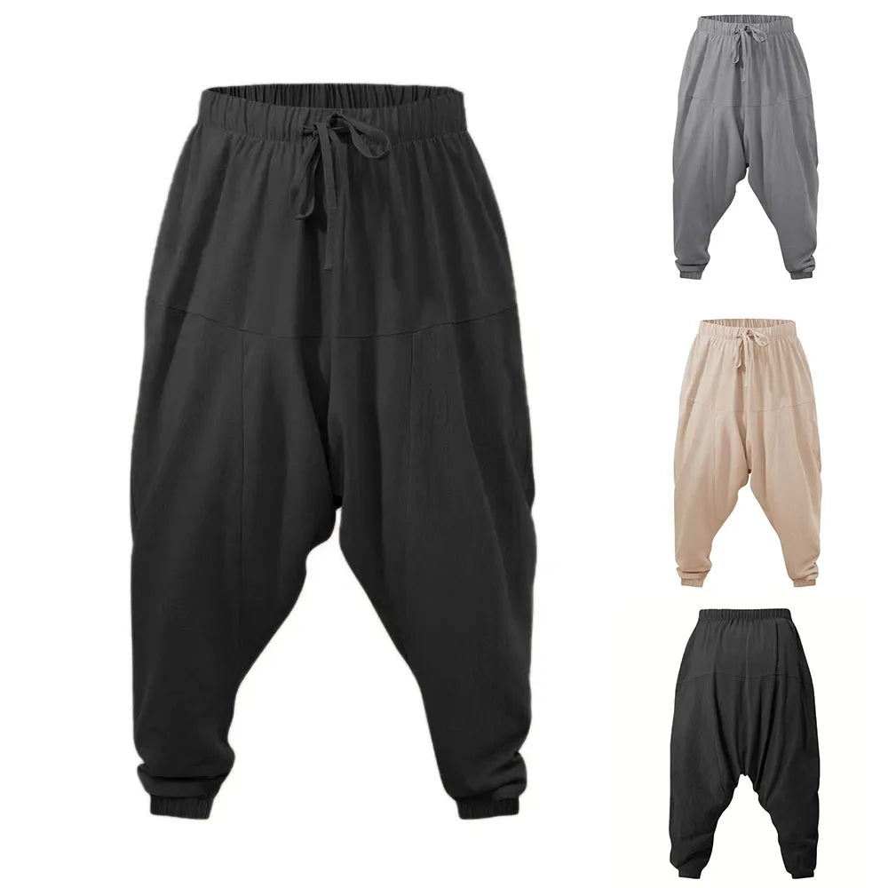 Harem Pants for Men Cotton Linen Drop Crotch Cozy Streetwear Loose Fit
