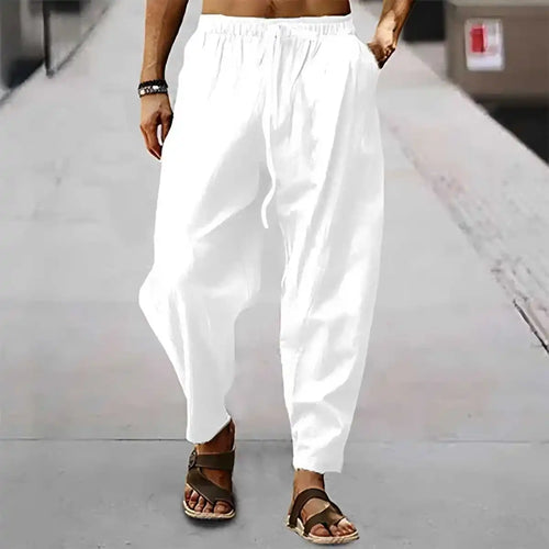 New Men Cotton Linen Pants Summer and Autumn Solid High Waist Wide-Leg