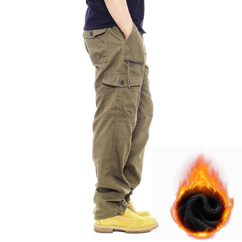 Autumn Winter Mens Cargo Pants Fleece Warm Trousers Cotton Pants