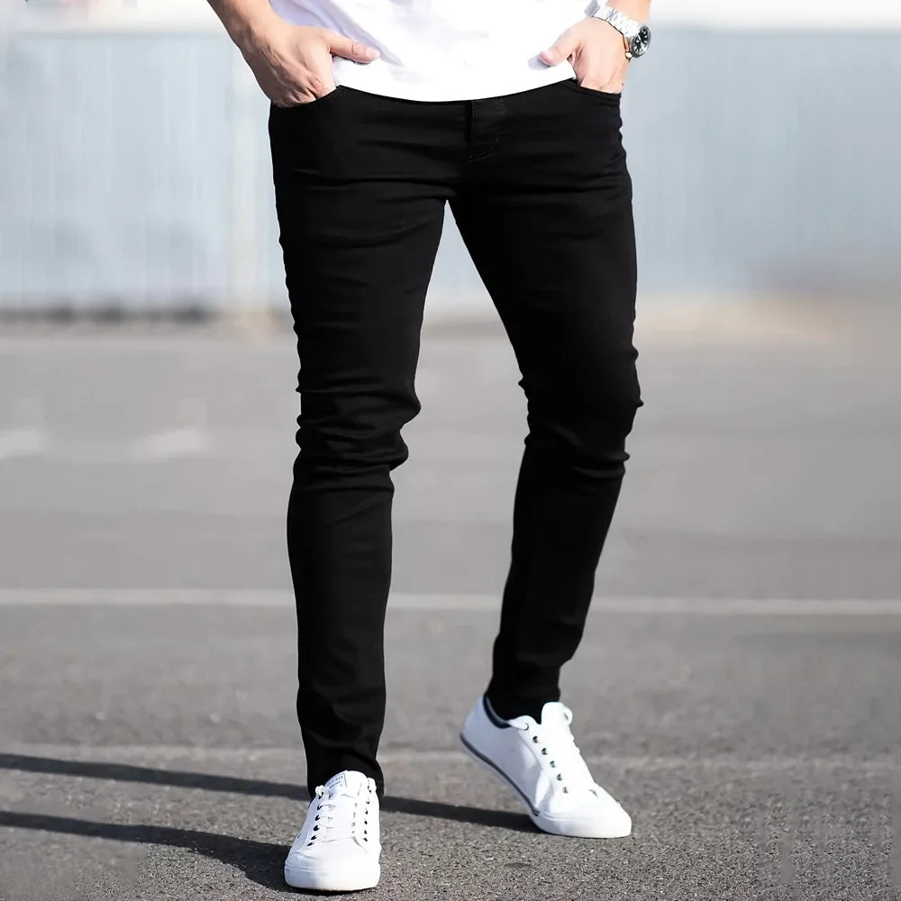 Spring Mens Black Blue Pants Pure Color Stretch Jeans Street Casual