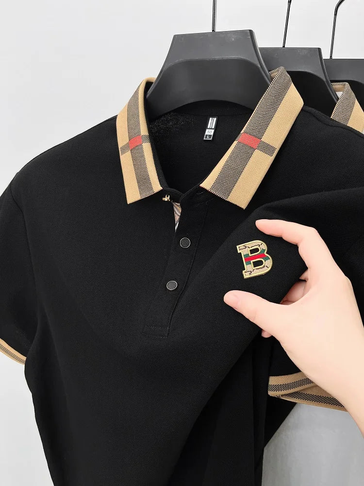 Luxury brand logo short sleeve polo shirt men summer new high-end silk