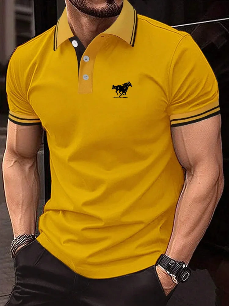 Men Horse Print Striped Trim Polo Shirt Short Sleeve Basic Modern