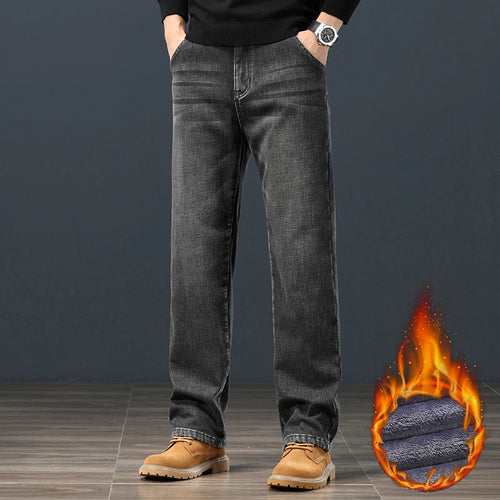 Winter Fleece Men Jeans Classic Loose Straight Warm Thicken Trousers