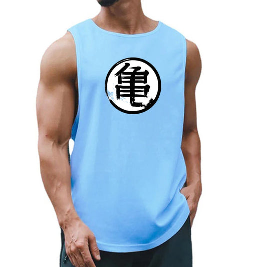 Japanese Anime Turtle Script Printed Mens Gym Clothing Fitness Vest