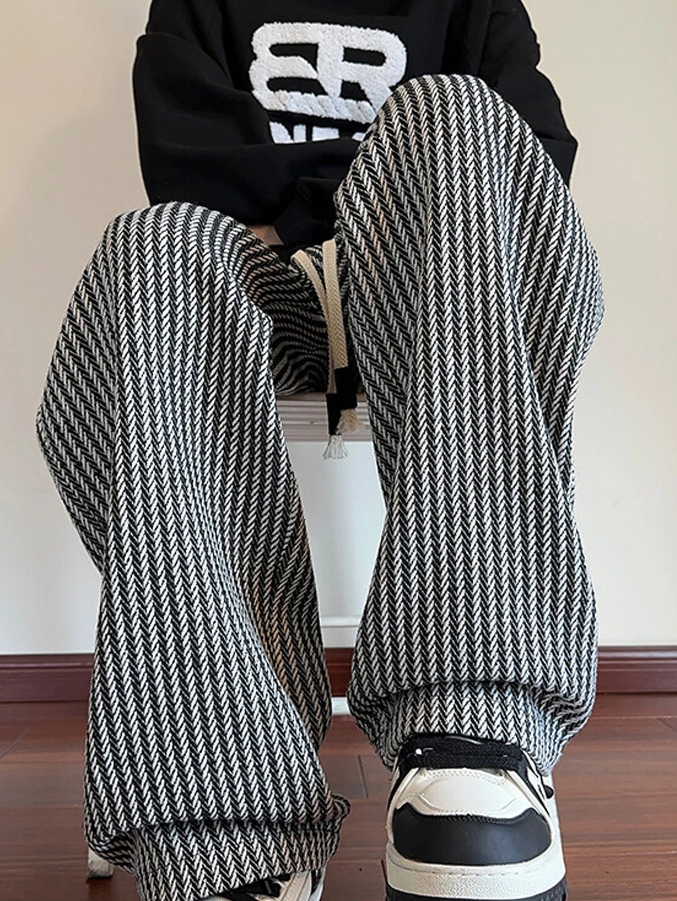 Men's autumn casual striped pants, woven pants, with drawstring
