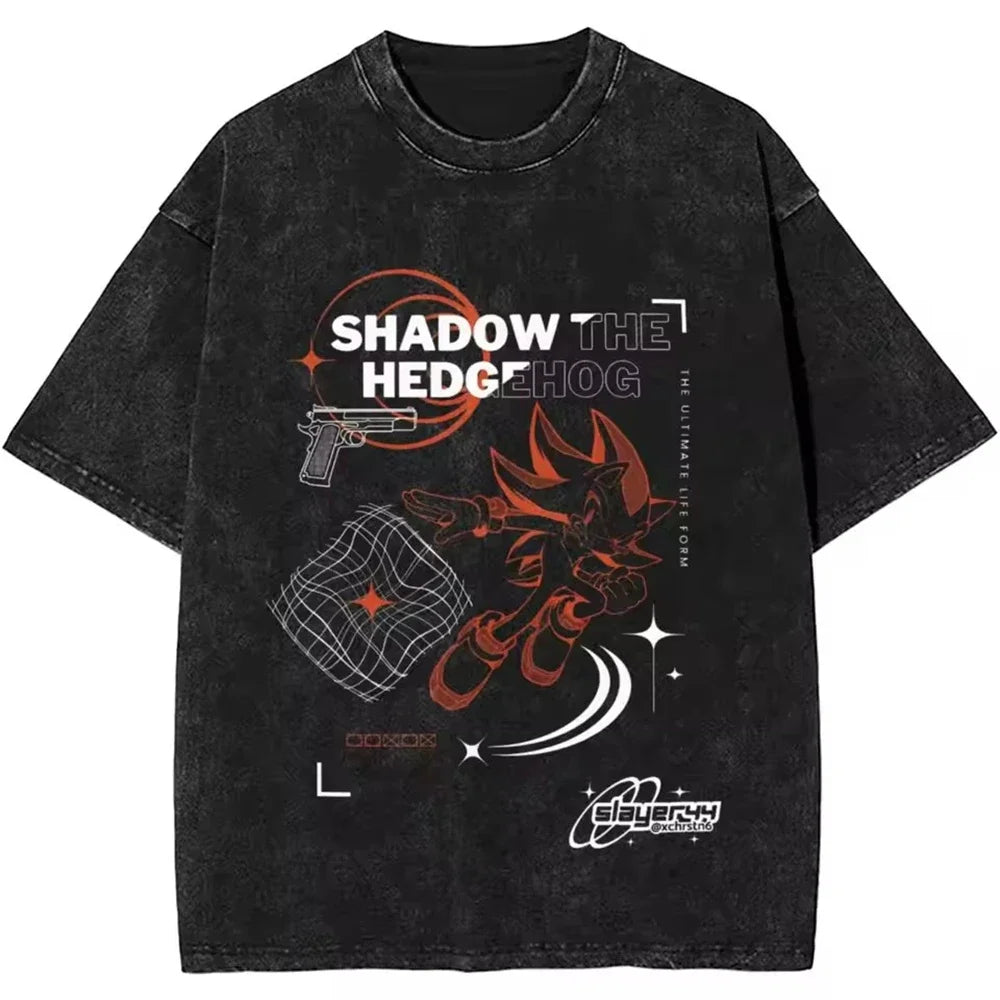 Japanese Shadows Hedgehog Washed Short Sleeved Round Neck Y2k Tshirt