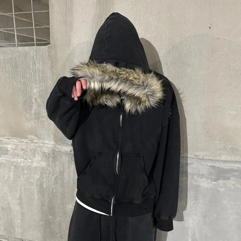 Fluffy Hat Hoodie Solid Color Casual Long Sleeve Hoodie Retro Coat