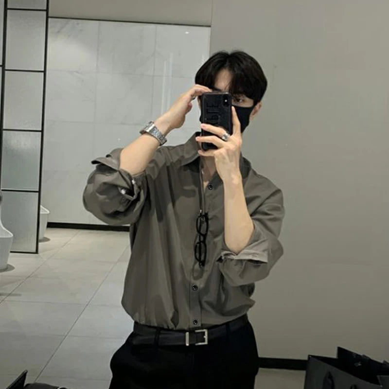 New Korean Business Men Shirts Light Luxury Slim-fit Solid Color Long