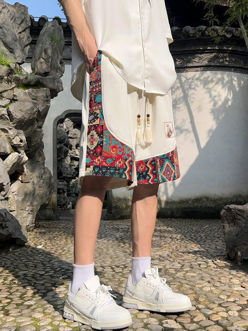 Men's ethnic embroidery pattern shorts with pockets, summer casual