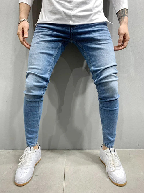 Spring Mens Black Blue Pants Pure Color Stretch Jeans Street Casual