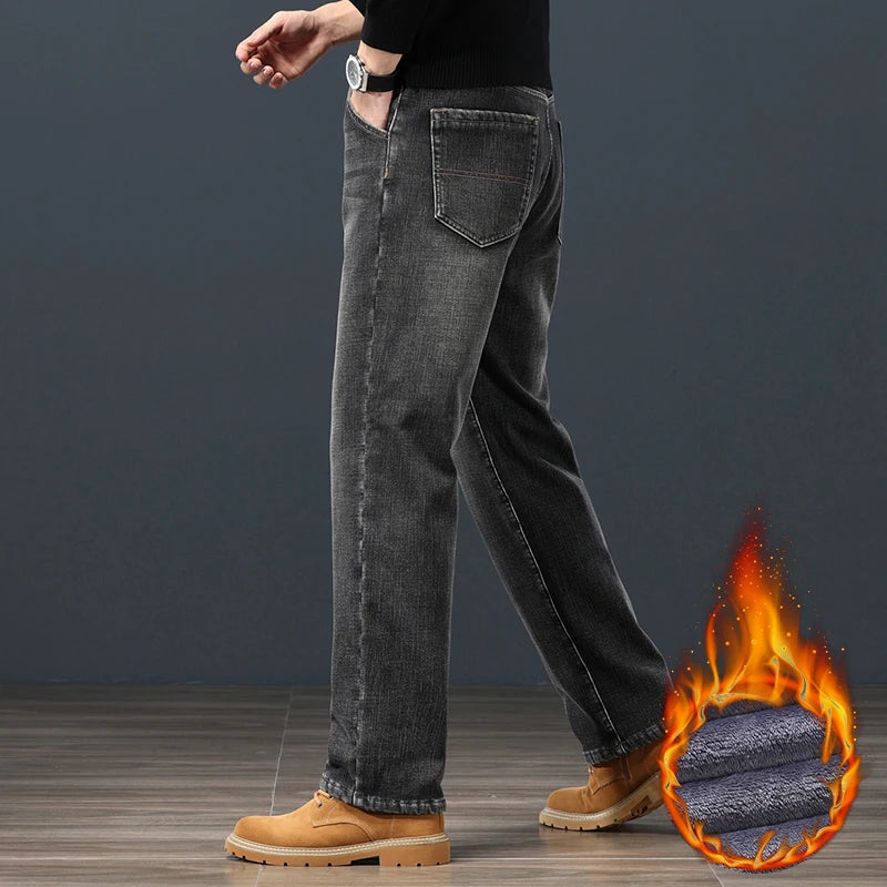 Winter Fleece Men Jeans Classic Loose Straight Warm Thicken Trousers