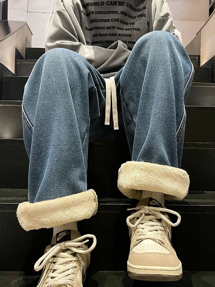 Men's Winter Jeans Fleece-Lined Brushed Thick Warm Denim Pants Korean