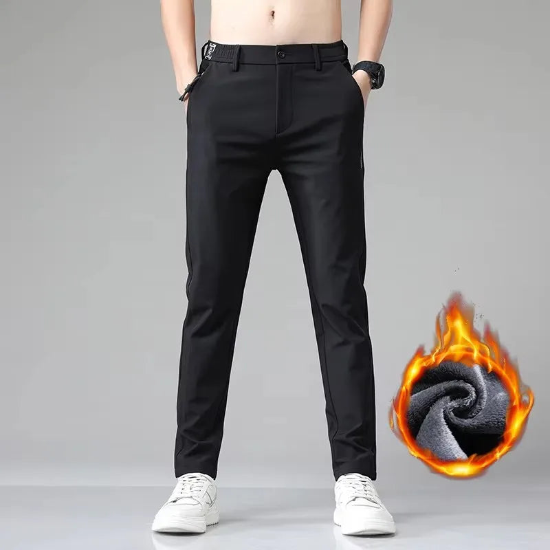Winter Fleece Golf Casual Pants Men Business Slim Stretch Jogger Thick