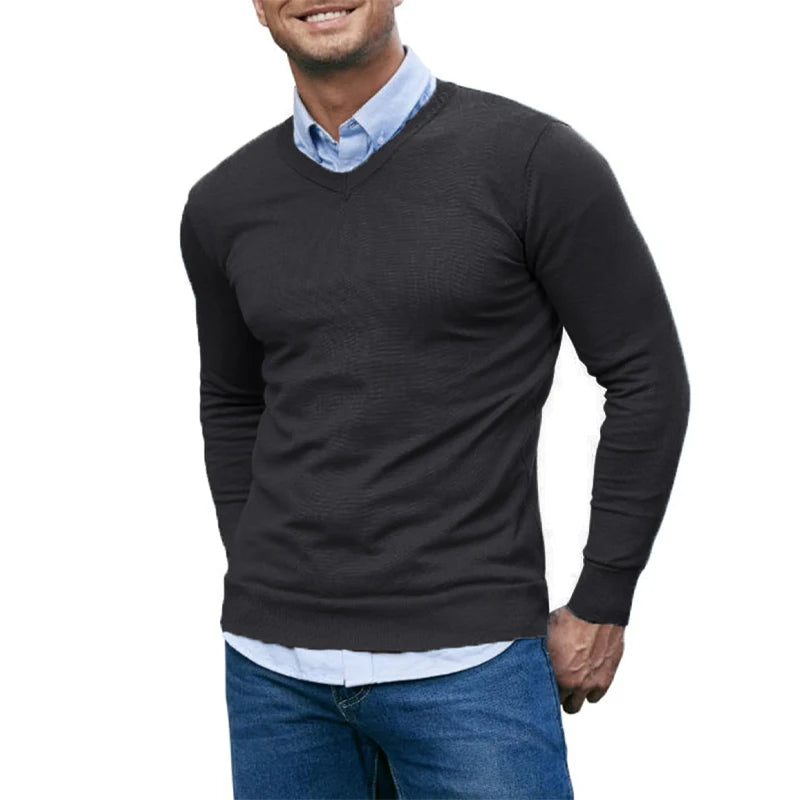 Men's V Neck Sweater Knitted Pullover Casual Soft Lightweight Long