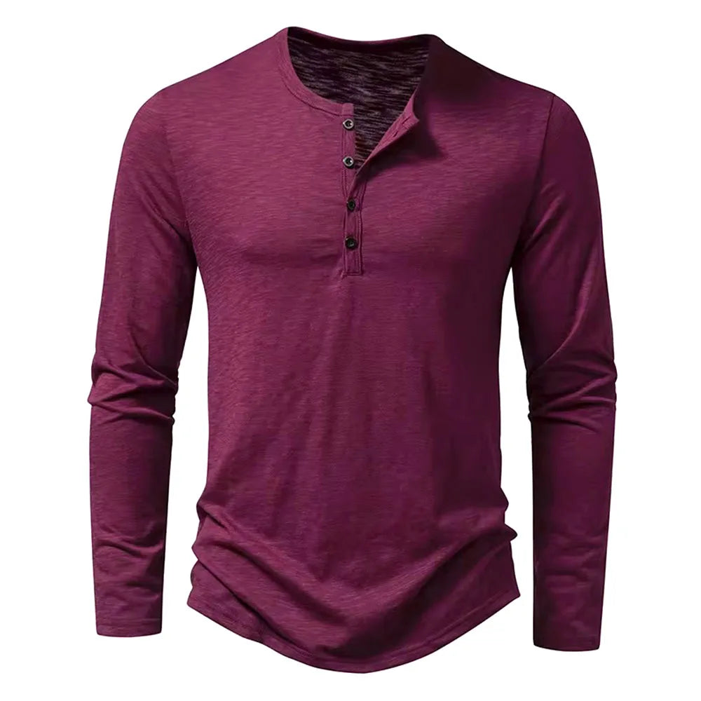 Autumn New Men's Cotton Button Long Sleeve  Henley Neck T-Shirt Casual