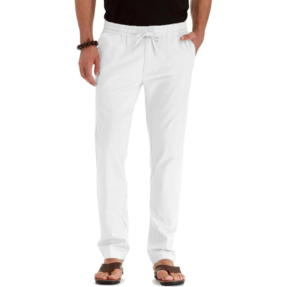 Men's Spring Summer New Cotton Linen Long Pants Vacation Hawaii Casual