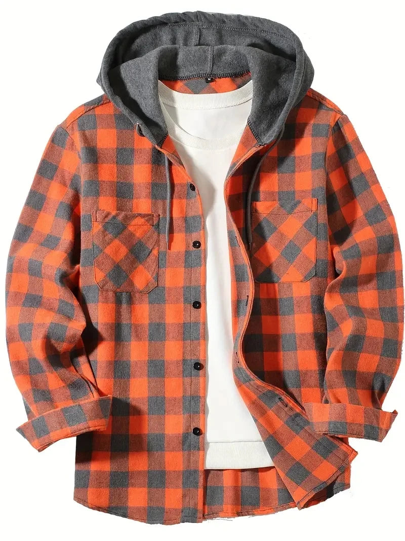 Youth Fashion Street Hooded Plaid Shirt Men's Slim Fit Long Sleeved