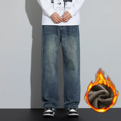 Korean Wide Legs Fleece Jeans Men's Winter Warm Thickened Velvet Loose