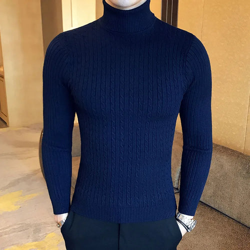 Mens Turtleneck Sweaters Winter Warm Knit Pullover Korean Cotton Solid