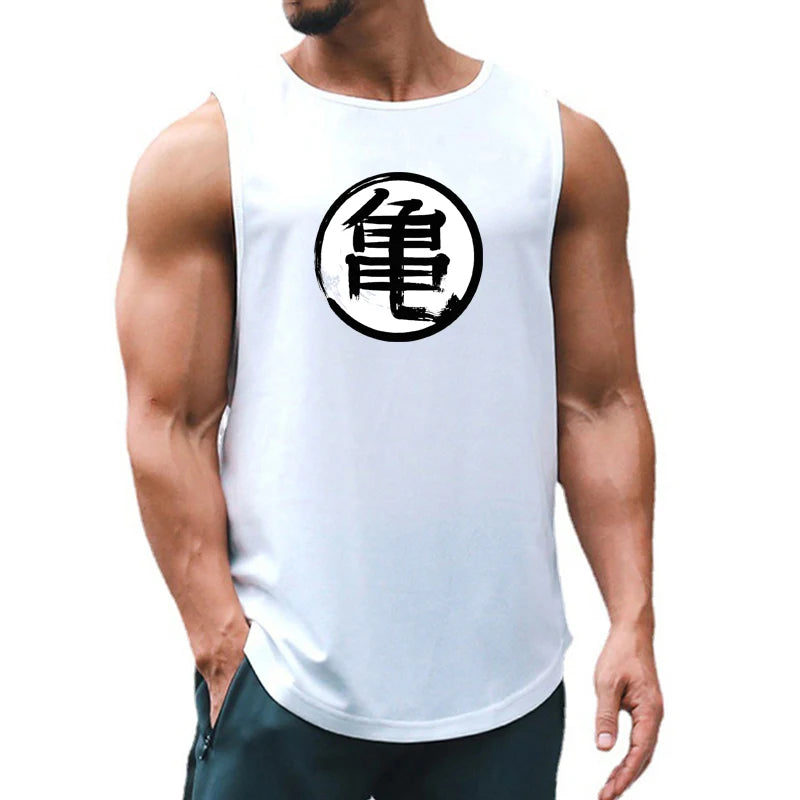 Japanese Anime Turtle Script Printed Mens Gym Clothing Fitness Vest