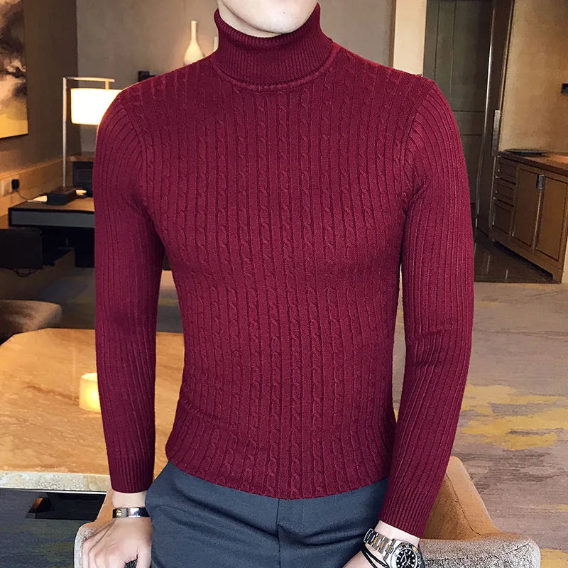 Mens Turtleneck Sweaters Winter Warm Knit Pullover Korean Cotton Solid
