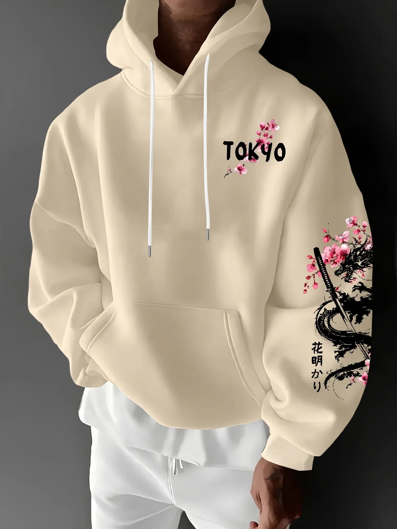 New Men's Anime Dragon Cherry Blossom Printed Hooded Sweatshirt Winter