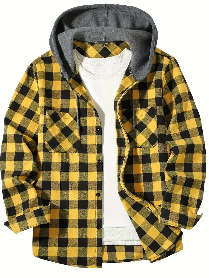 Youth Fashion Street Hooded Plaid Shirt Men's Slim Fit Long Sleeved