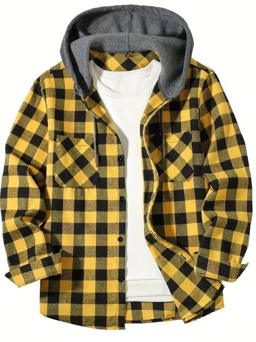 Youth Fashion Street Hooded Plaid Shirt Men's Slim Fit Long Sleeved