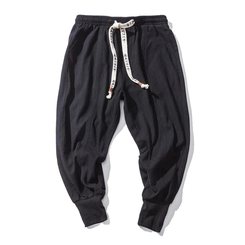 Cotton Linen Harem Pants Men Solid Elastic Waist Streetwear Joggers