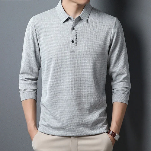 Men's Waffle Long Sleeved POLO Shirt with Letter Printed Lapel Casual