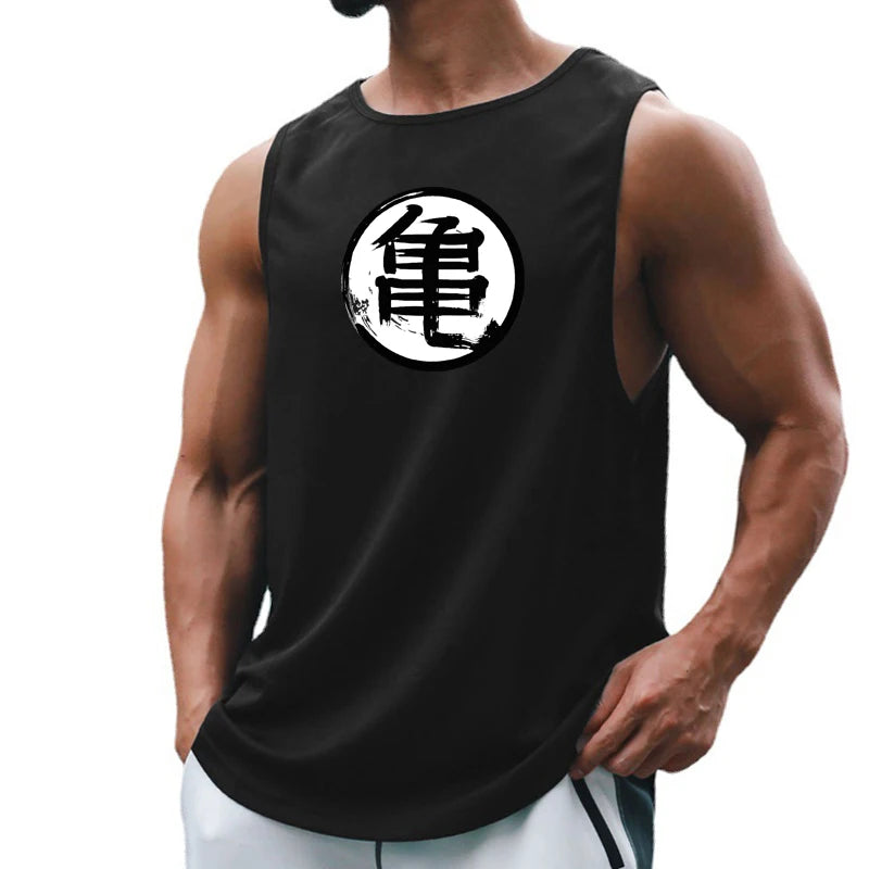 Japanese Anime Turtle Script Printed Mens Gym Clothing Fitness Vest