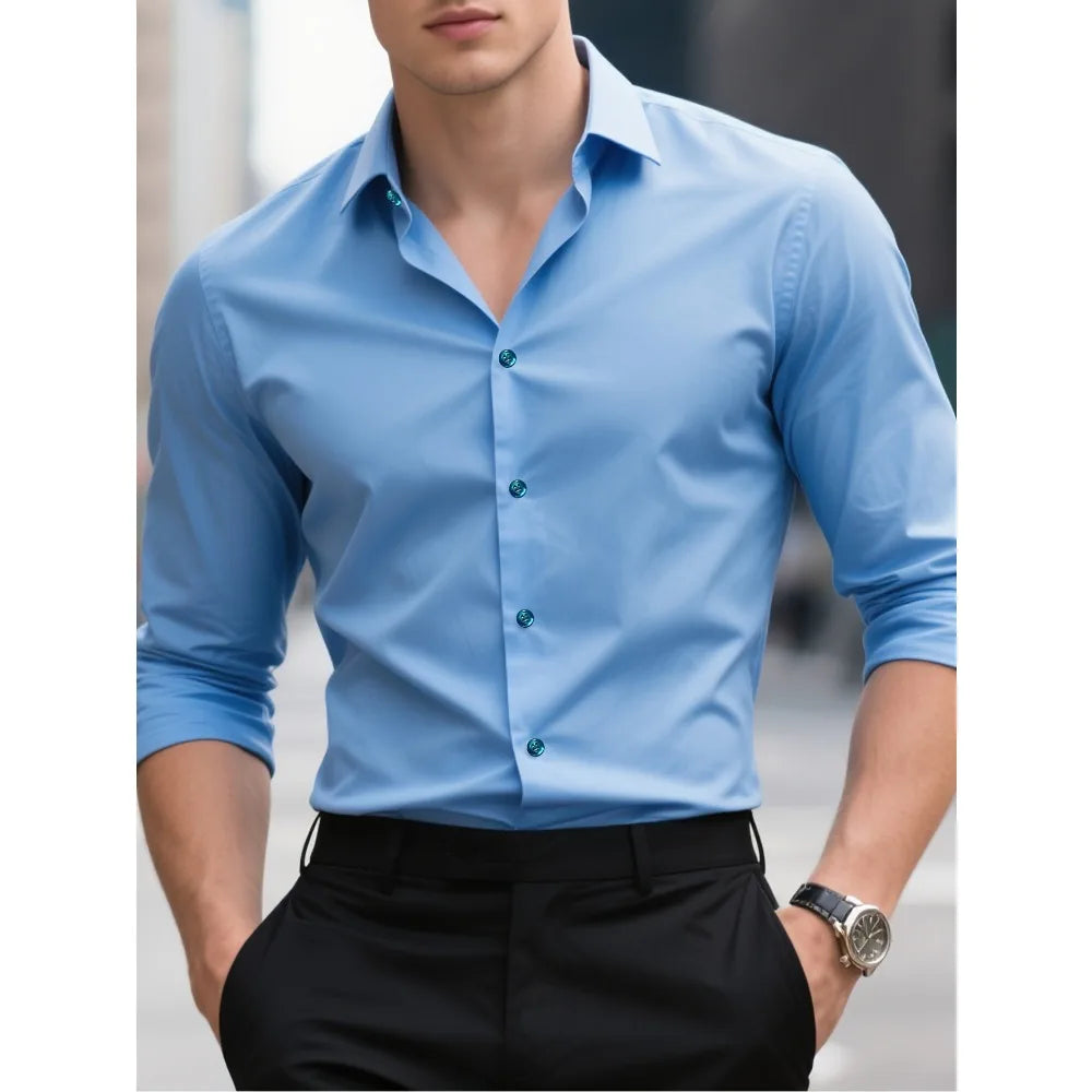 FGKKS New Men Shirt Brand New Solid Color Long Sleeve Elastic Fabric