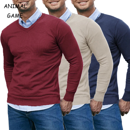 Men's V Neck Sweater Knitted Pullover Casual Soft Lightweight Long