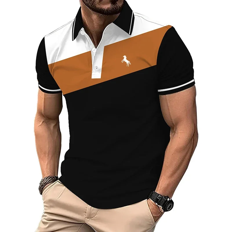 Men Clothes Summer Casual Short Sleeve Spell Color Button Polo Shirt