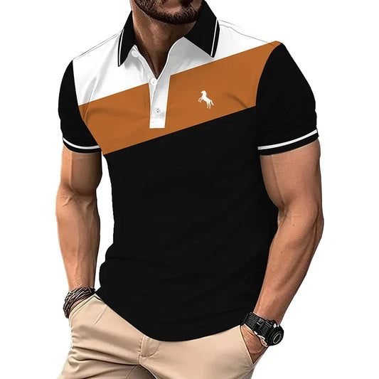 Men Clothes Summer Casual Short Sleeve Spell Color Button Polo Shirt