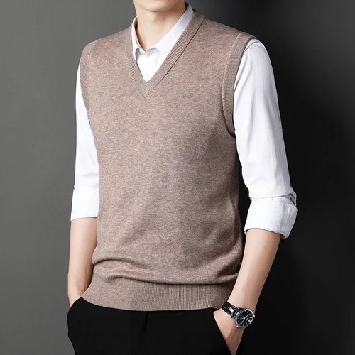 2024 Autumn Winter New Men's Solid Color V-neck Knitted Vest Casual