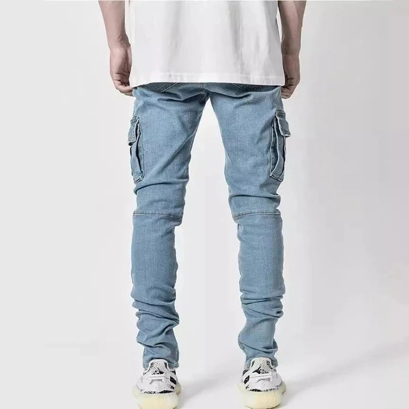 Men Street Elastic Denim Jeans Wash Solid Color Multi Pockets Cargo