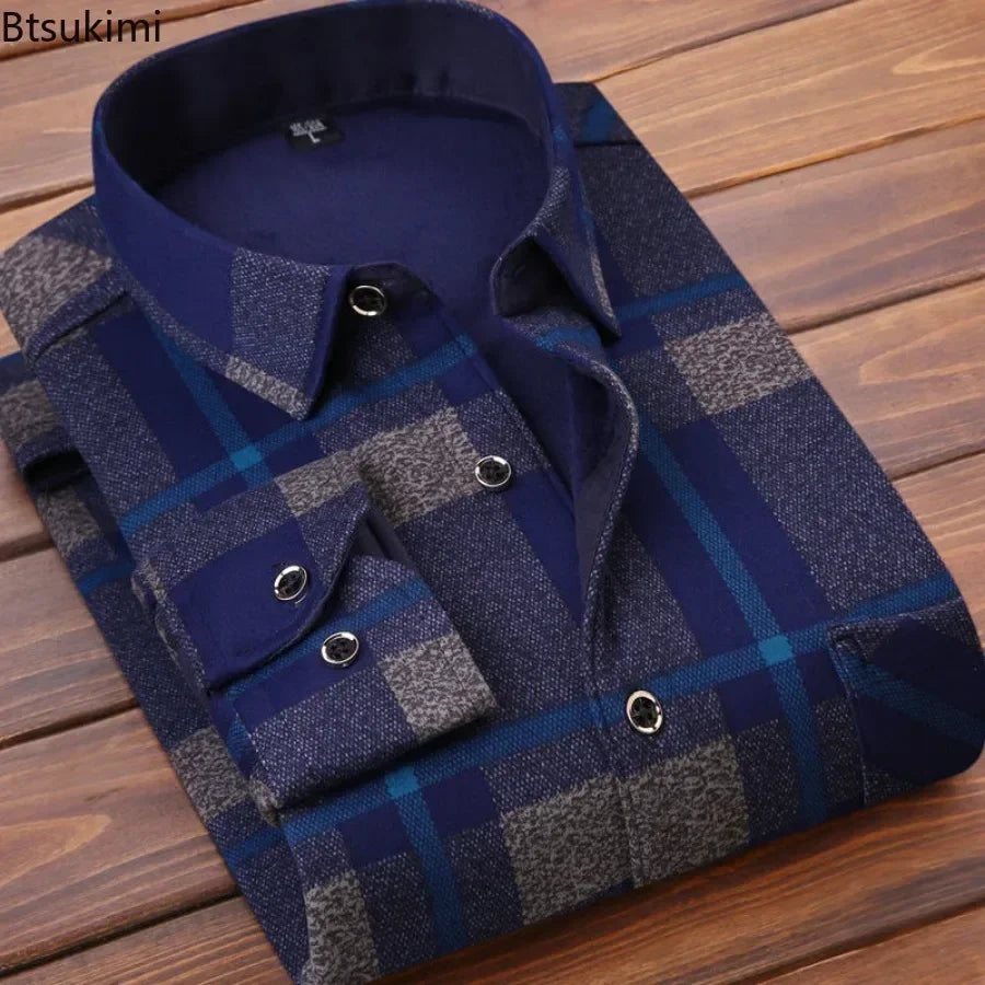2024 Men's Winter Warm Long Sleeve Plaid Shirts Flannel Fur Lined