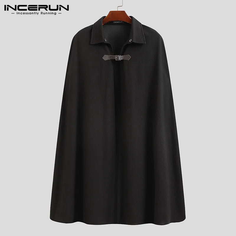 INCERUN Fashion Men Cloak Coats Lapel Solid Color One Button Cape